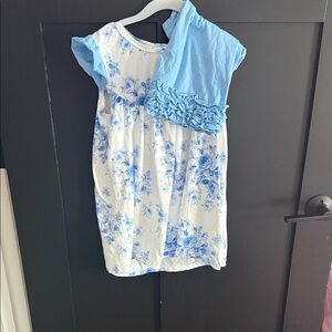 White Dress with Blue Floral Print and Light Blue Ruffle Shorts